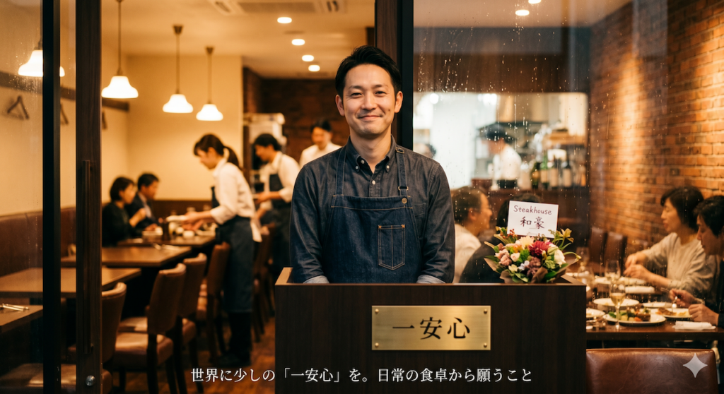 Steakhouse 和豪の店主が、落ち着いた雰囲気の店内で微笑みながら立っている。背景ではスタッフがお客様にサービスを提供しており、手前には『一安心』と書かれたプレートと花が飾られている。平和な日常のレストランの風景。」