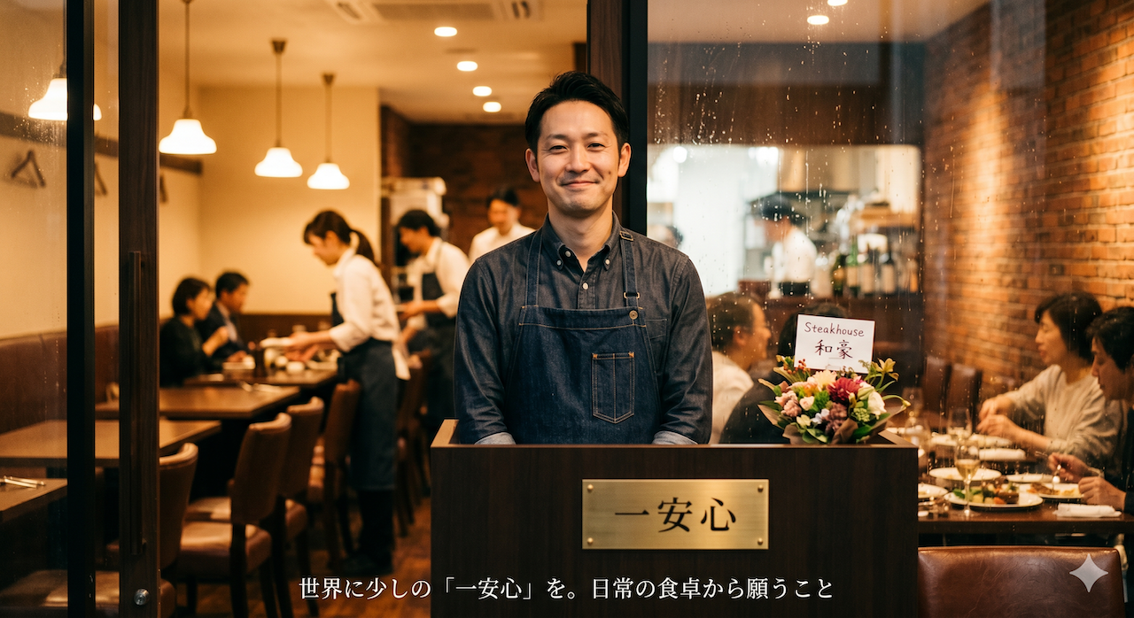 Steakhouse 和豪の店主が、落ち着いた雰囲気の店内で微笑みながら立っている。背景ではスタッフがお客様にサービスを提供しており、手前には『一安心』と書かれたプレートと花が飾られている。平和な日常のレストランの風景。」