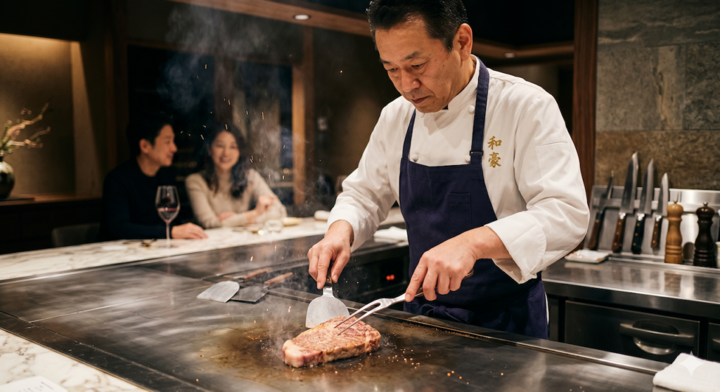 大阪・西梅田のステーキハウス和豪にて、鉄板の前で真剣な表情でステーキを調理するシェフ。過度な演出を避け、素材の持ち味を活かすために自家製の塩胡椒と出汁醤油で丁寧に焼き上げる、店主の職人としての姿勢を表す一枚。」