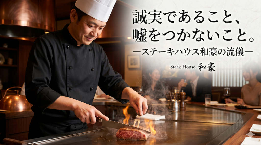 ステーキハウス和豪のブログ用アイキャッチ画像。黒いユニフォームとコック帽を着用したシェフが、燃え上がる鉄板で和牛ステーキを調理している様子。右側には「誠実であること、嘘をつかないこと。―ステーキハウス和豪の流儀―」と書かれた日本語のタイトルテキストと、「Steak House 和豪」のロゴが配置されている。背景には客席と来店客がぼんやりと見える。