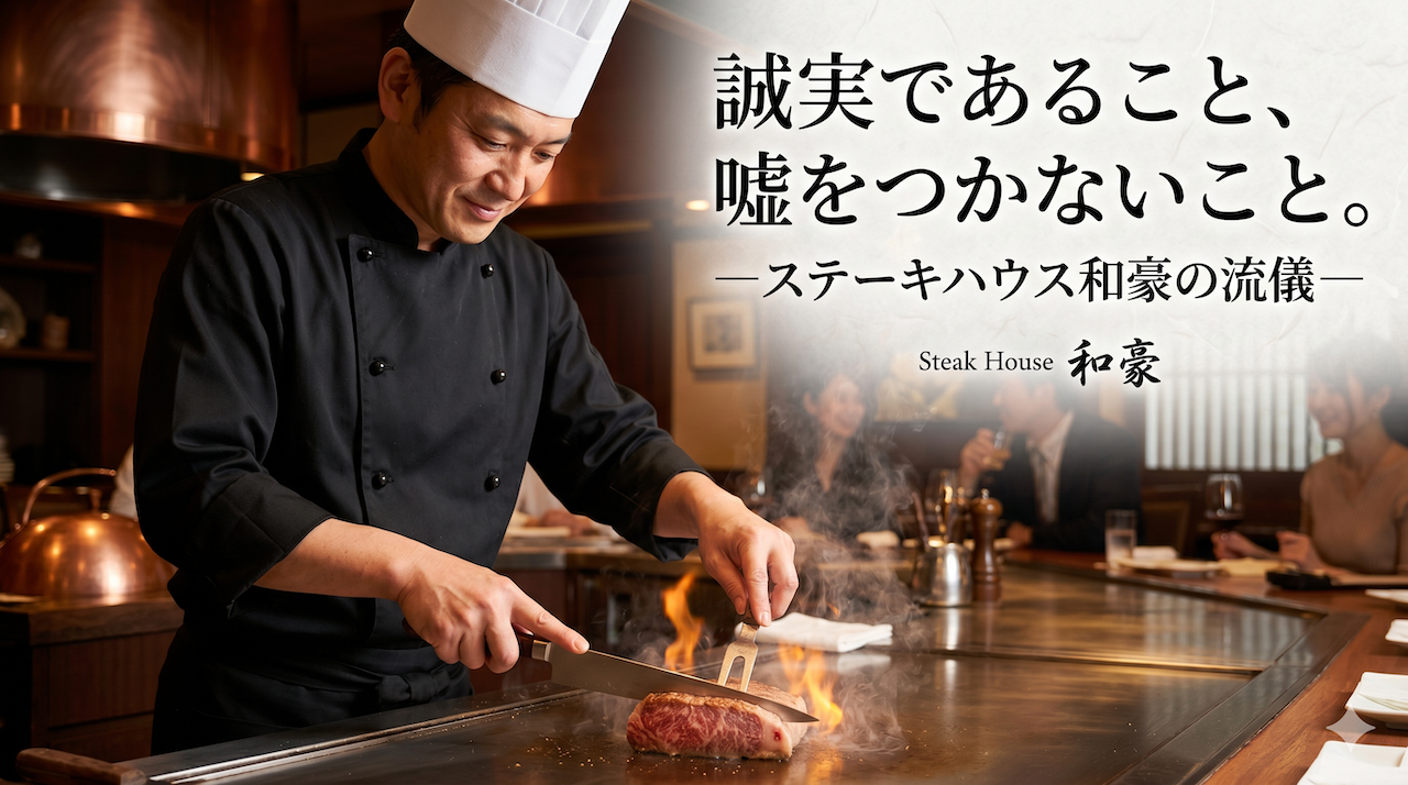 ステーキハウス和豪のブログ用アイキャッチ画像。黒いユニフォームとコック帽を着用したシェフが、燃え上がる鉄板で和牛ステーキを調理している様子。右側には「誠実であること、嘘をつかないこと。―ステーキハウス和豪の流儀―」と書かれた日本語のタイトルテキストと、「Steak House 和豪」のロゴが配置されている。背景には客席と来店客がぼんやりと見える。