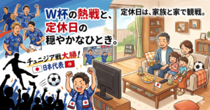 この画像は、サッカーワールドカップでの日本代表の大勝利と、定休日に家族揃ってテレビ観戦を楽しむ心温まる瞬間を1枚に描いたものです。和豪の店主もリフレッシュし、次の営業への英気を養いました。