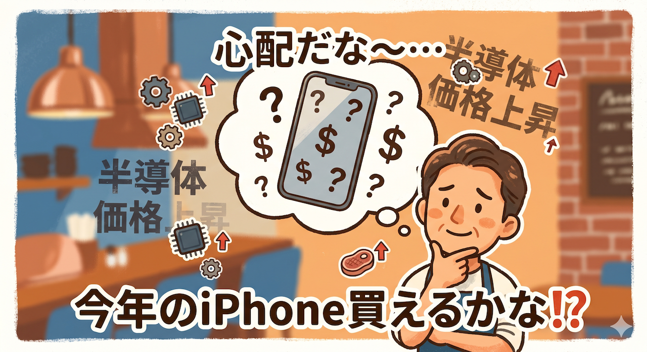 iPhoneの価格高騰を心配し、鉄板焼き店のカウンターで考え込むシェフのイラスト。吹き出しの中にiPhoneと『$』マーク、周りに半導体チップと価格上昇を示す矢印が描かれている」