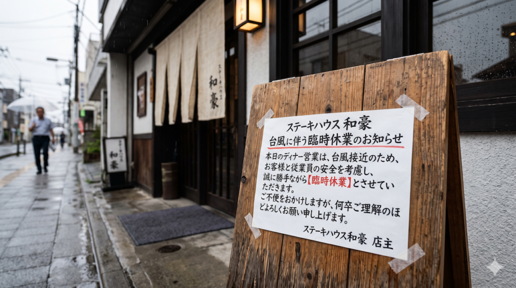 ステーキハウス和豪の店頭に置かれた、台風による臨時休業を知らせる看板の様子」