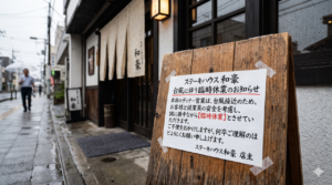 ステーキハウス和豪の店頭に置かれた、台風による臨時休業を知らせる看板の様子」