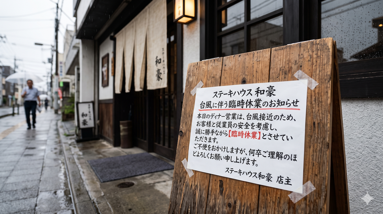ステーキハウス和豪の店頭に置かれた、台風による臨時休業を知らせる看板の様子」