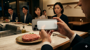ステーキハウスのカウンターで、スマートフォンのカメラを目の前の霜降り牛肉に向けている男性の手元。背景には、その行為を厳しく冷めた視線で見つめる、カウンター席に座った男女のグループがいる。