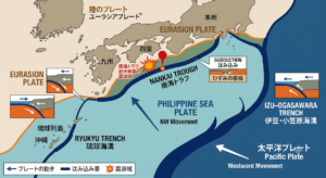 日本列島周辺のプレート境界と南海トラフの位置関係を示す地図。ユーラシアプレート、フィリピン海プレート、太平洋プレートの動きと沈み込み帯を解説した図解