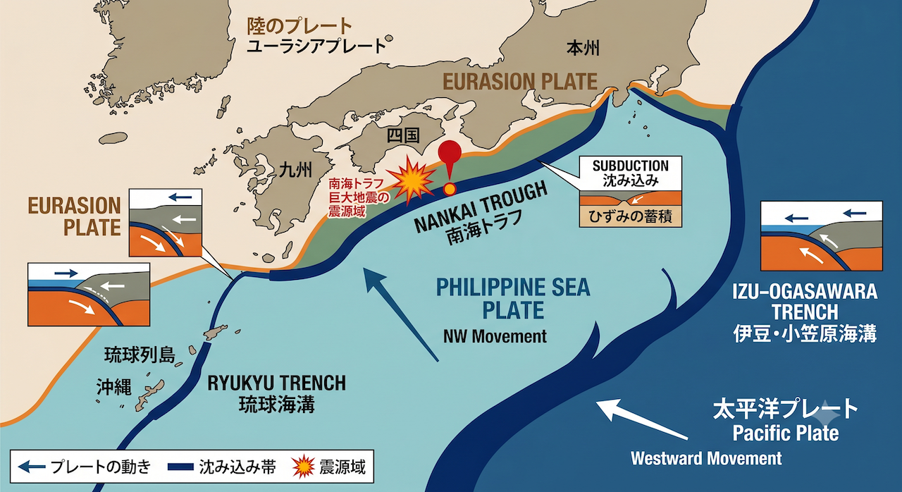 日本列島周辺のプレート境界と南海トラフの位置関係を示す地図。ユーラシアプレート、フィリピン海プレート、太平洋プレートの動きと沈み込み帯を解説した図解