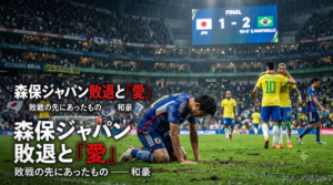 雨のサッカースタジアムで、敗北にうなだれる日本代表選手と勝利を喜ぶブラジル代表選手、そして電光掲示板に表示された「FINAL 1-2 JPN VS BRA」のスコア。左側にはブログタイトル「森保ジャパン敗退と『愛』」が日本語で書かれている。