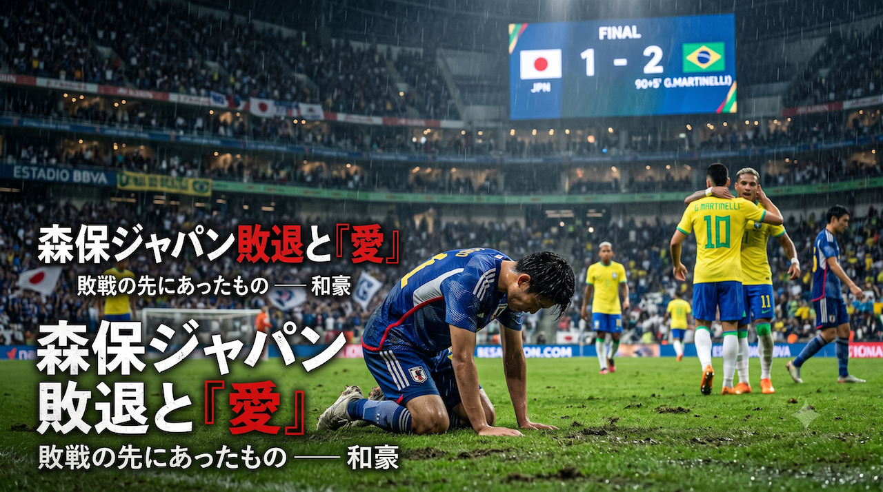 雨のサッカースタジアムで、敗北にうなだれる日本代表選手と勝利を喜ぶブラジル代表選手、そして電光掲示板に表示された「FINAL 1-2 JPN VS BRA」のスコア。左側にはブログタイトル「森保ジャパン敗退と『愛』」が日本語で書かれている。
