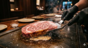 「薄暗く落ち着いた店内で、見事なサシの入った厚切りの和牛ステーキが、熱せられた鉄板の上でジュウジュウと音を立てて焼かれている様子。手前には粗塩が散らされ、黒い手袋を着用した職人の手がパレットナイフで肉を支え、立ち上る香ばしい湯気と肉の質感、熱気が、素材への誠実なこだわりと一期一会のライブ感を伝えている。」