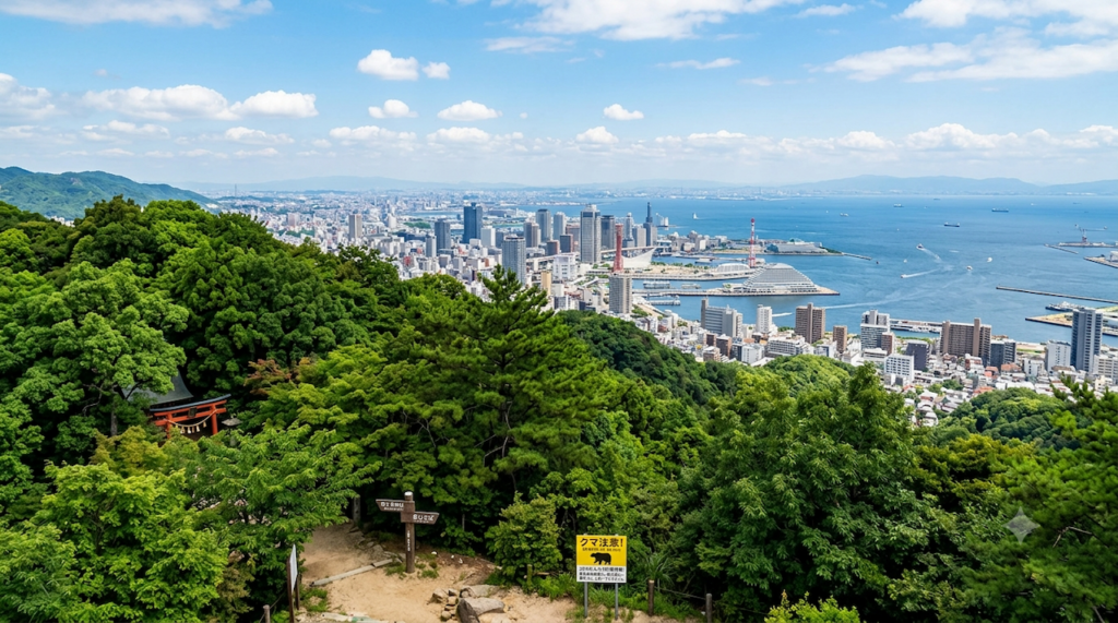 alt="緑豊かな六甲山のハイキングコースから見下ろす神戸の街並みと青い海。手前には保久良神社をイメージした鳥居や山道、新しく設置された黄色い『クマ注意』の看板が見える、自然と都市が隣り合う風景"