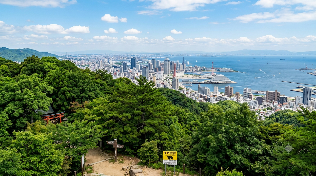 alt="緑豊かな六甲山のハイキングコースから見下ろす神戸の街並みと青い海。手前には保久良神社をイメージした鳥居や山道、新しく設置された黄色い『クマ注意』の看板が見える、自然と都市が隣り合う風景"