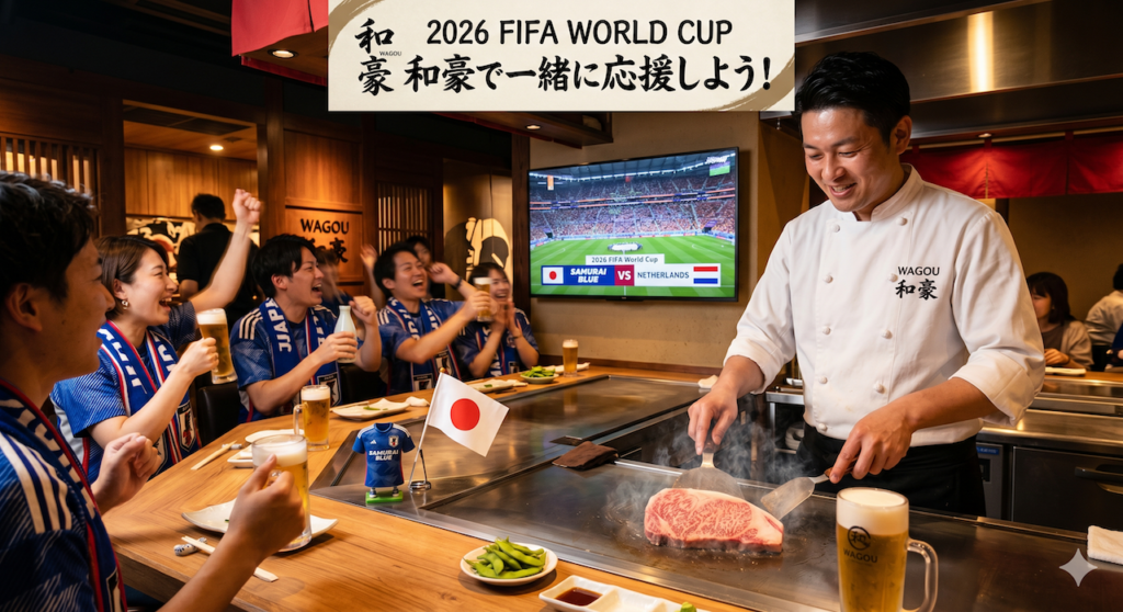 大阪・西梅田の鉄板焼き「和豪」で、お客様とスタッフが一体となって2026 FIFAワールドカップの日本代表戦を応援しながら、こだわりのステーキを楽しむ様子