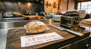 「和豪」の暖簾がかかる和食厨房の木のカウンターに、ビニール袋に入ったあんパンと、その隣に和包丁、さらにレトロなパスタマシーンのような器具が置かれている。手前の白い紙には、赤い文字で「和食厨房にも消費期限切れ」と書かれ、その下に「提供した側の善意と、受け取った側の責任」と添えられている。