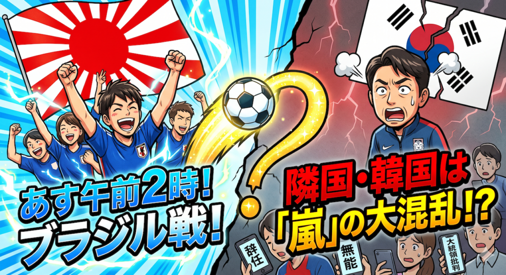 左右に分かれた構図。左側は、日本の日の丸の下で日本代表の試合を全力で応援し喜ぶサポーターたち。右側は、ひび割れた韓国の国旗を背景に、代表監督とおぼしき人物が困惑した表情で叫んでおり、その手前でスマートフォンを見ながら驚く人々や『辞任』『無能』『大統領批判』という文字が描かれている。中央には黄色く輝く大きな『？』マークとサッカーボールが配置されており、背景には『あす午前2時！ブラジル戦！』および『隣国・韓国は「嵐」の大混乱！？』というテキストが躍っている
