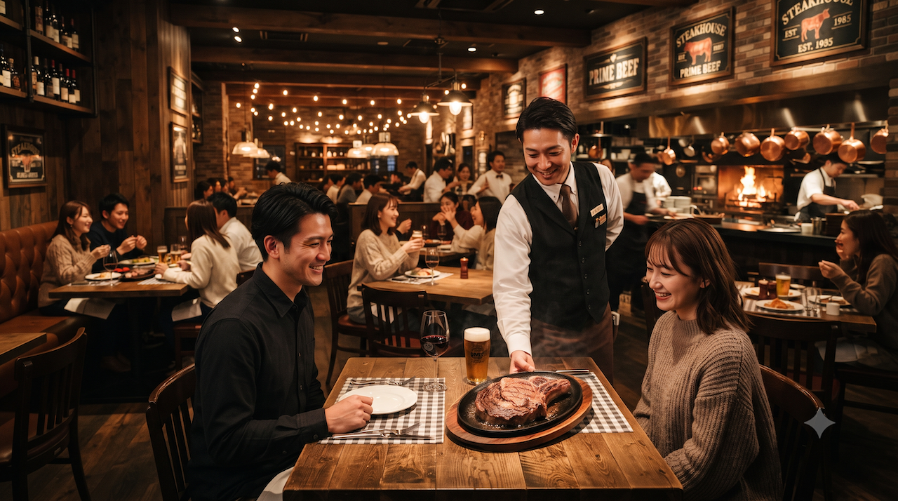 「ステーキハウス和豪の店内で、笑顔の客に料理を提供する店主」