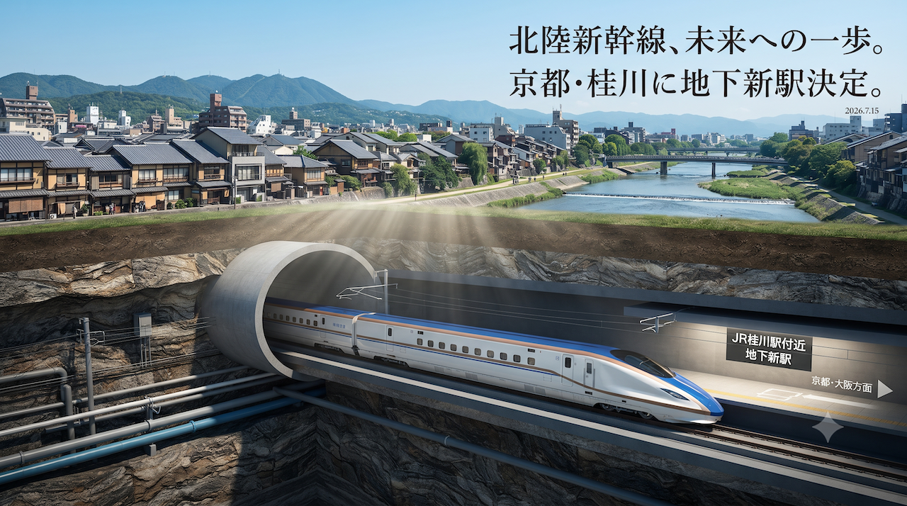 「北陸新幹線が京都市街地の地下深くを走り、桂川付近の新駅へ向かう様子を描いた断面図。地上の歴史的な町並みと、地下の大深度トンネル・最新鋭のE7系車両が対比されている。」