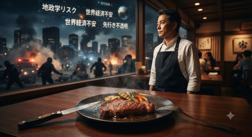 「荒廃し炎上する夜の都市を背景に、日本のレストラン店主が窓辺に立ち、手前にある美味しそうなステーキ皿と対比的に描かれている。窓には『地政学リスク』『世界経済不安』『先行き不透明』というデジタル文字が浮かぶ。」