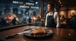 「荒廃し炎上する夜の都市を背景に、日本のレストラン店主が窓辺に立ち、手前にある美味しそうなステーキ皿と対比的に描かれている。窓には『地政学リスク』『世界経済不安』『先行き不透明』というデジタル文字が浮かぶ。」