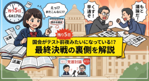 「国会がテスト前夜のような状況になっていることを解説したブログ記事のアイキャッチ。左側には宿題の山に囲まれて焦る女子中学生のイラスト、右側には議事堂を背景に法案成立を巡って激しく議論するスーツ姿の政治家たちのイラスト。上部には『残り5日』と書かれた時計とカレンダー、下部には6月15日の党首討論の様子が描かれている。」