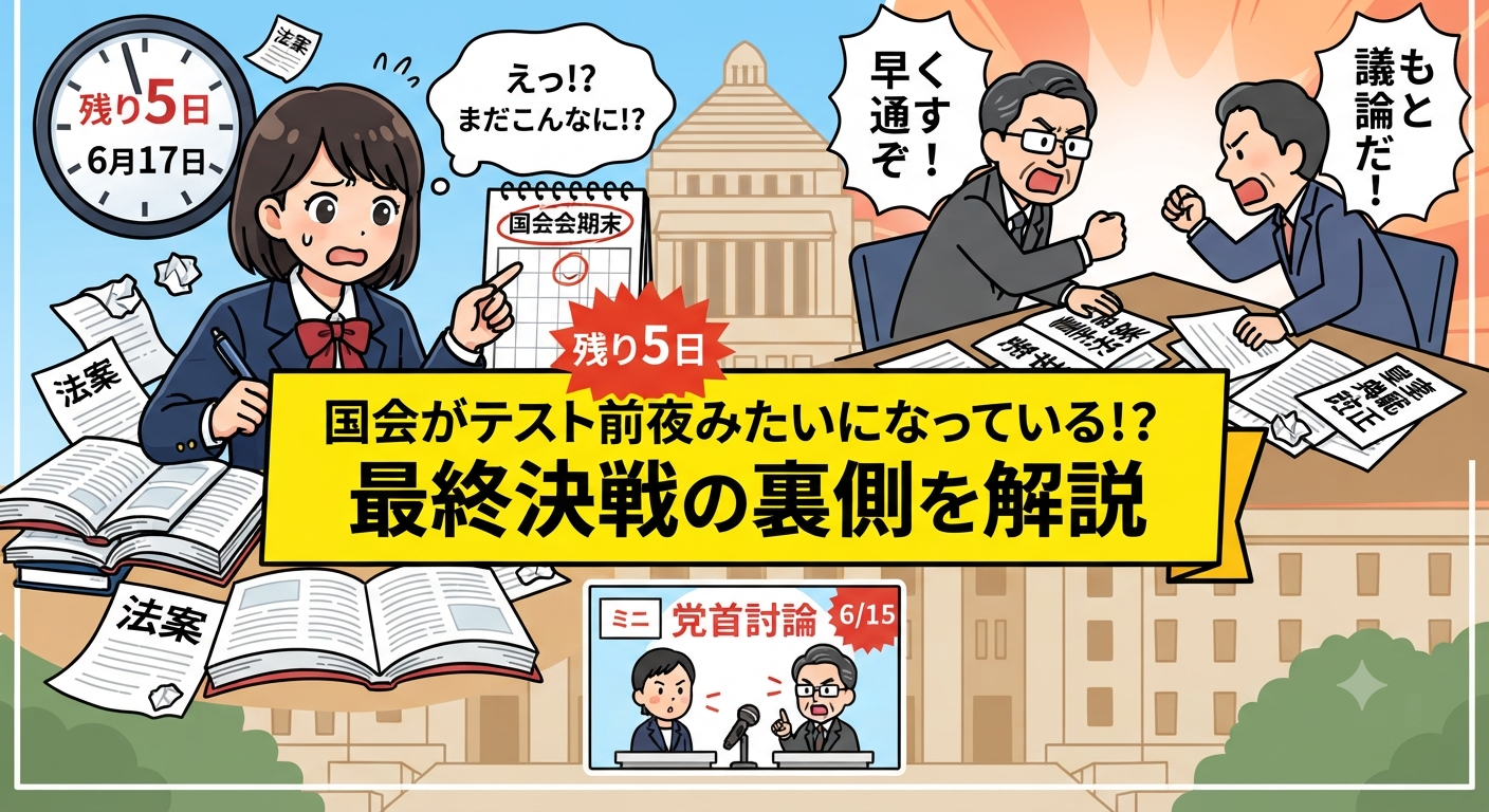 「国会がテスト前夜のような状況になっていることを解説したブログ記事のアイキャッチ。左側には宿題の山に囲まれて焦る女子中学生のイラスト、右側には議事堂を背景に法案成立を巡って激しく議論するスーツ姿の政治家たちのイラスト。上部には『残り5日』と書かれた時計とカレンダー、下部には6月15日の党首討論の様子が描かれている。」