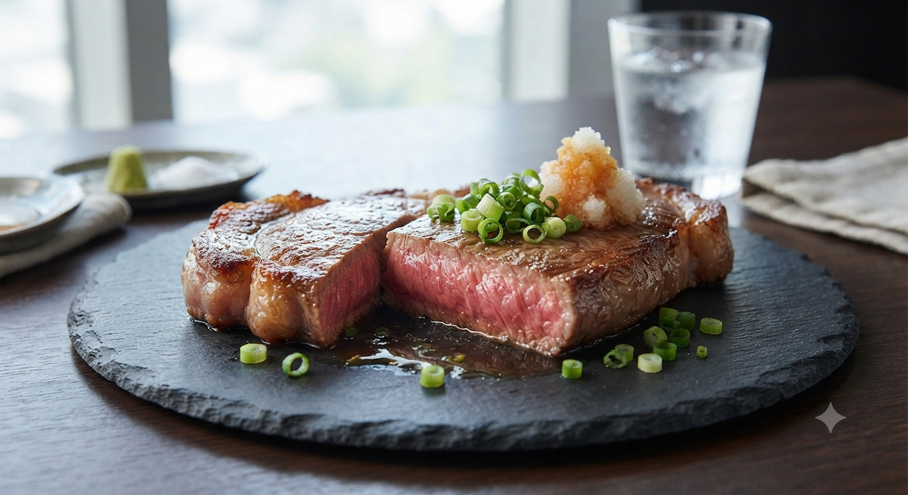 「ステーキハウス和豪の夏限定おろしポン酢ステーキ。薬味のネギとおろし大根がたっぷり乗った、食欲をそそる和牛のシズル感あふれる写真。冷えた水とともに、暑い夏を元気に乗り切るためのスタミナメニューとして。」