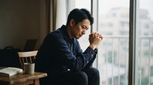 「雨の降る午後、自宅の窓辺で静かに座る日本人男性の横顔。彼は紺色のシャツを着ており、窓ガラスに手をつき、深く考え込んでいるような、あるいは心を落ち着かせているような表情でうつむいている。手前には木製のサイドテーブルがあり、マグカップと「NOW」というタイトルの本が置かれている。背景の窓には雨粒がつき、ぼんやりとした外の風景が見える。温かみのある落ち着いたトーンで、静かな休息の時間を思わせる写真。」