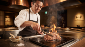 落ち着いた高級感のある店内の鉄板カウンターで、黒いエプロンを着用した熟練の日本人男性シェフが、トングを使って見事にサシの入った厚切りの和牛ステーキを焼いている。肉の表面は香ばしく焼け、小さな炎と煙が立ち上り、焼ける様子が臨場感たっぷりに伝わってくる。手前にはソース用の刷毛と塩が置かれ、背景には「和豪」と書かれたサインがぼんやりと見える。